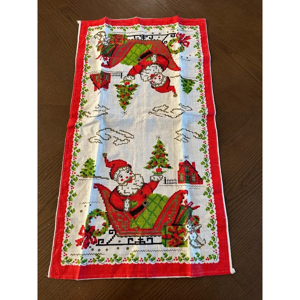 MCM Parisian Prints All Pure Linen‎ 28 x 16 Kitchen Towel Santa Sleigh Christmas